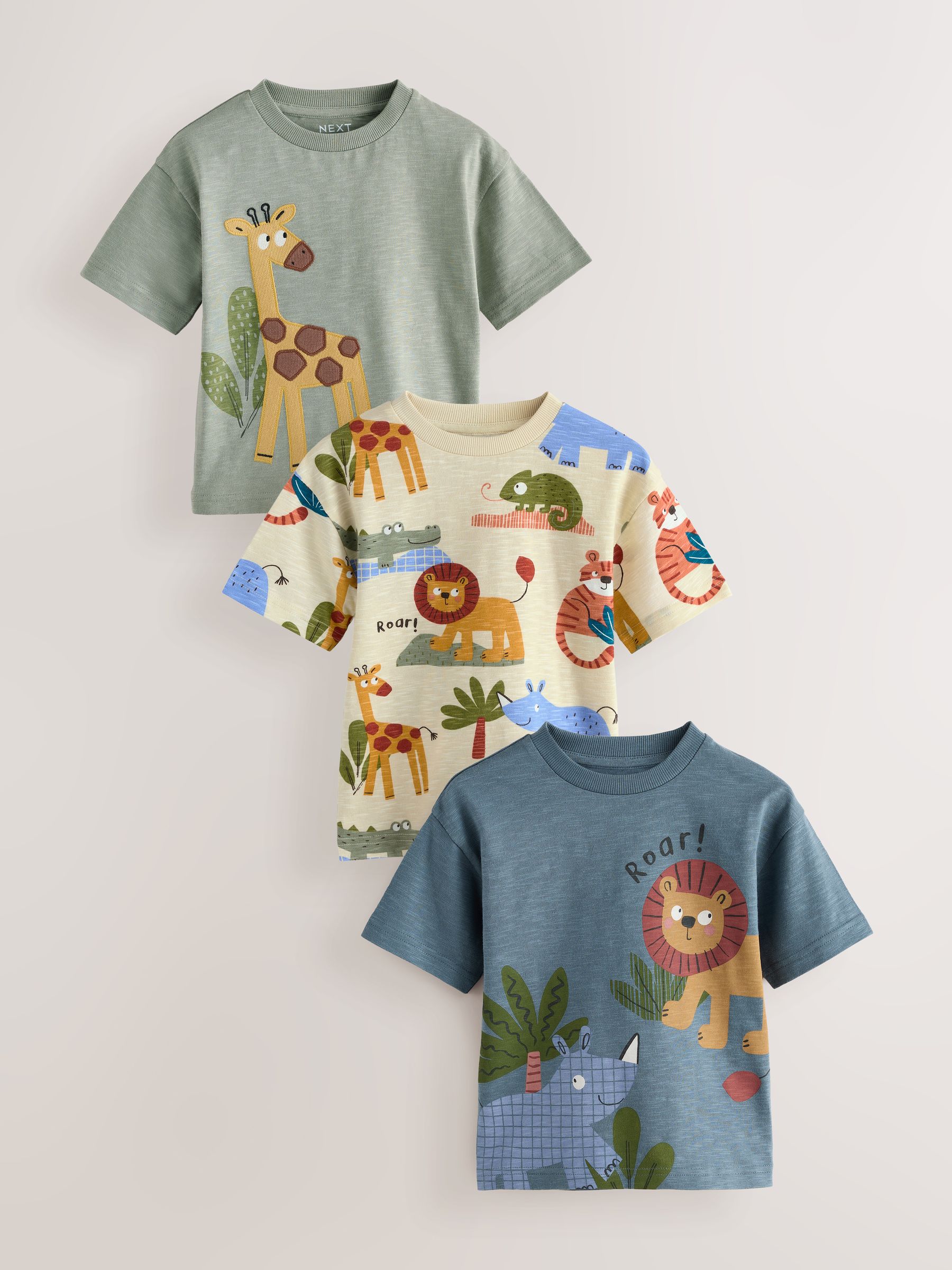 Buy Green Safari Animals Short Sleeve Appliqué T-Shirts 3 Pack