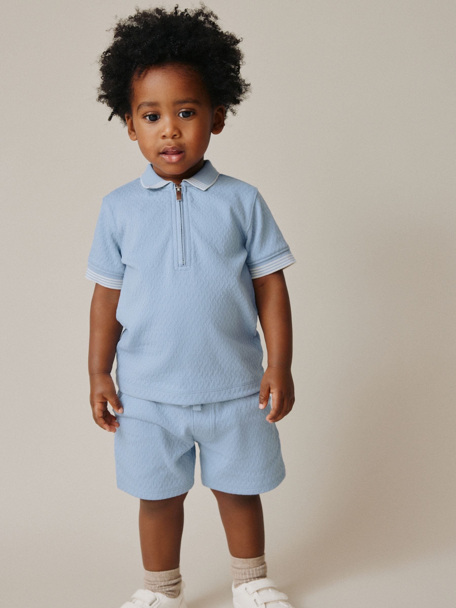 Buy Blue Zip Neck Short Sleeve Polo Shirt And Shorts Set (3mths