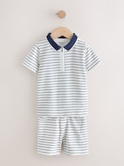 Navy/White Stripe Zip Neck Short Sleeve Polo Shirt And Shorts Set (3mths-7yrs) - Image 1 of 5