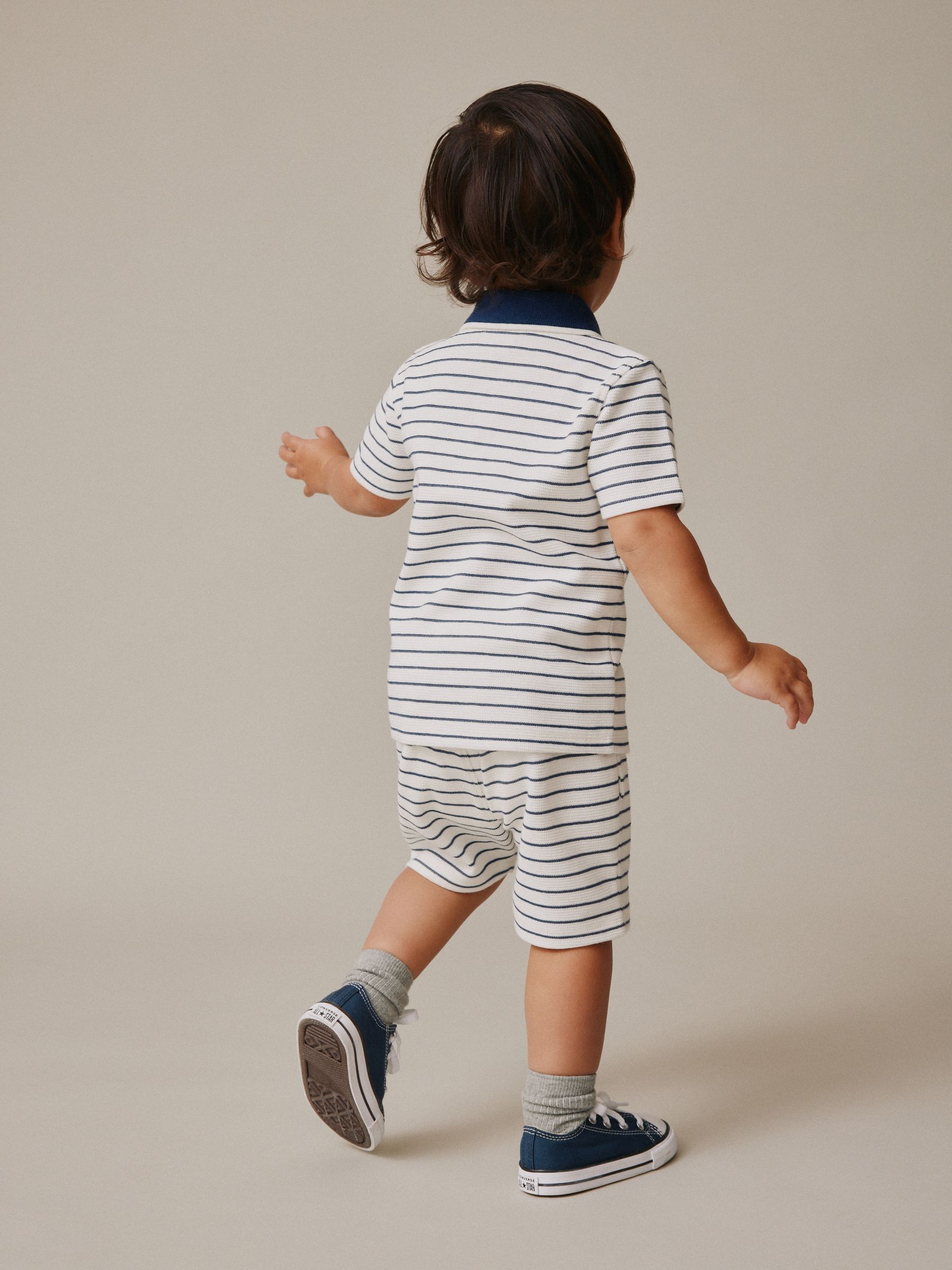 Buy Navy/White Stripe Zip Neck Short Sleeve Polo Shirt And Shorts