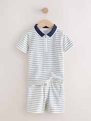 Navy/White Stripe Zip Neck Short Sleeve Polo Shirt And Shorts Set (3mths-7yrs) - Image 3 of 5