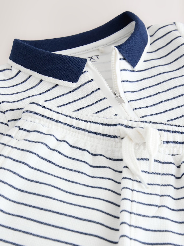 Navy/White Stripe Zip Neck Short Sleeve Polo Shirt And Shorts Set (3mths-7yrs) - Image 1 of 1