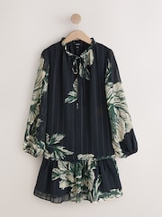 Black Textured Floral Mini Tie Front Tiered Long Sleeve Dress - Image 1 of 3