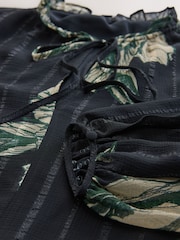 Black Textured Floral Mini Tie Front Tiered Long Sleeve Dress - Image 7 of 7