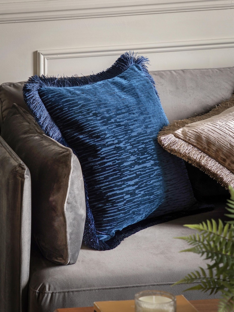 Gallery Home Blue Cut Velvet Fringe Cushion - Image 1 of 4 Gallery Home Blue Cut Velvet Fringe Cushion - Image 1 of 4