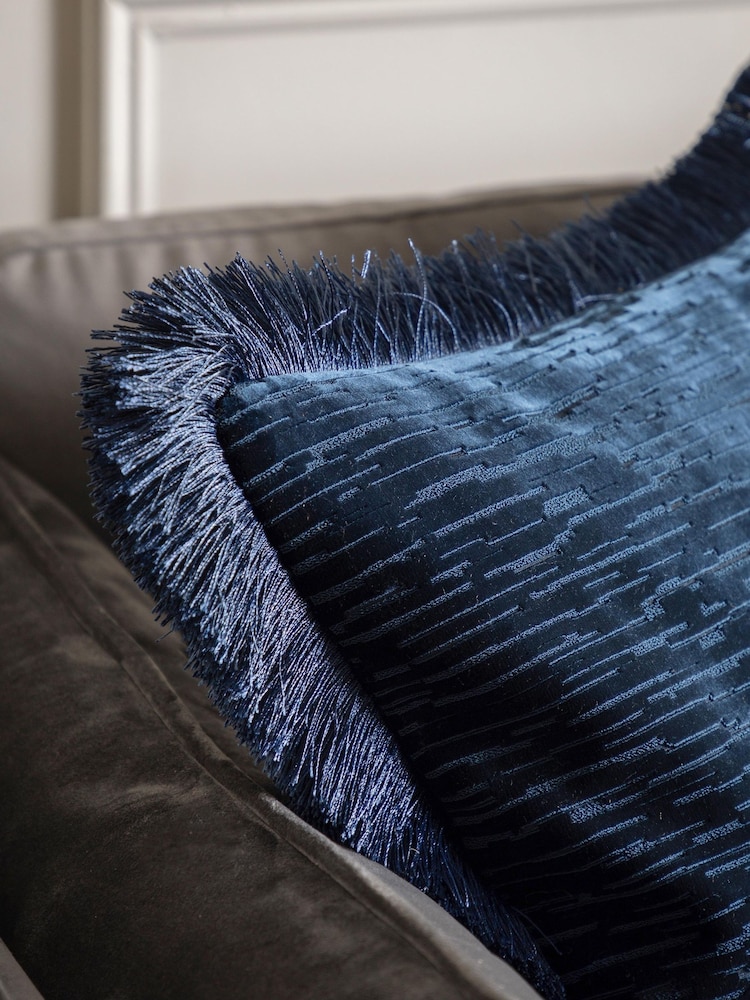 Gallery Home Blue Cut Velvet Fringe Cushion - Image 2 of 4