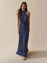 Navy Blue Polka Dot Textured Satin Halter Sleeveless Midi Dress - Image 1 of 8