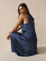 Navy Blue Polka Dot Textured Satin Halter Sleeveless Midi Dress - Image 2 of 8