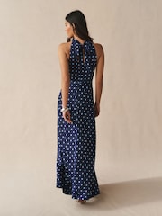 Navy Blue Polka Dot Textured Satin Halter Sleeveless Midi Dress - Image 3 of 8
