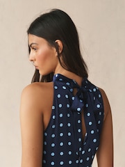Navy Blue Polka Dot Textured Satin Halter Sleeveless Midi Dress - Image 5 of 8