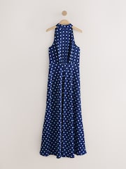 Navy Blue Polka Dot Textured Satin Halter Sleeveless Midi Dress - Image 6 of 8