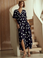 Navy/White Polka Dot Linen Wrap Midi Dress - Image 1 of 7