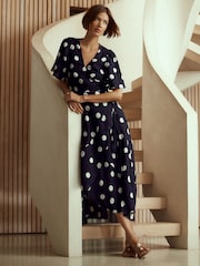 Navy/White Polka Dot Linen Wrap Midi Dress - Image 2 of 7
