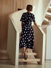 Navy/White Polka Dot Linen Wrap Midi Dress - Image 3 of 7