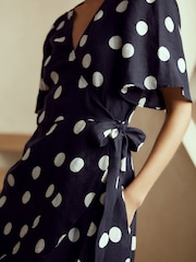 Navy/White Polka Dot Linen Wrap Midi Dress - Image 4 of 7