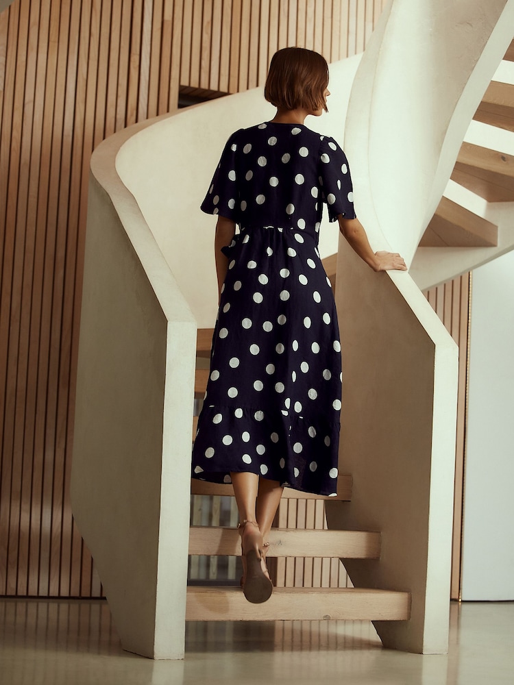 polka dot linen midi dress Self-Portrait Linen-Cotton Polka Dot Midi Dress