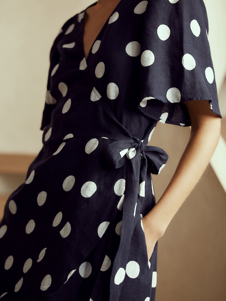 Buy Navy/White Polka Dot 100% Linen Wrap Midi Dress from Next Luxembourg