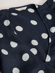 Navy/White Polka Dot Linen Wrap Midi Dress - Image 6 of 7