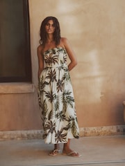 Khaki/Cream Palm Printed - Ruched Bandeau Midi Dress with Linen - 画像 1 / 8