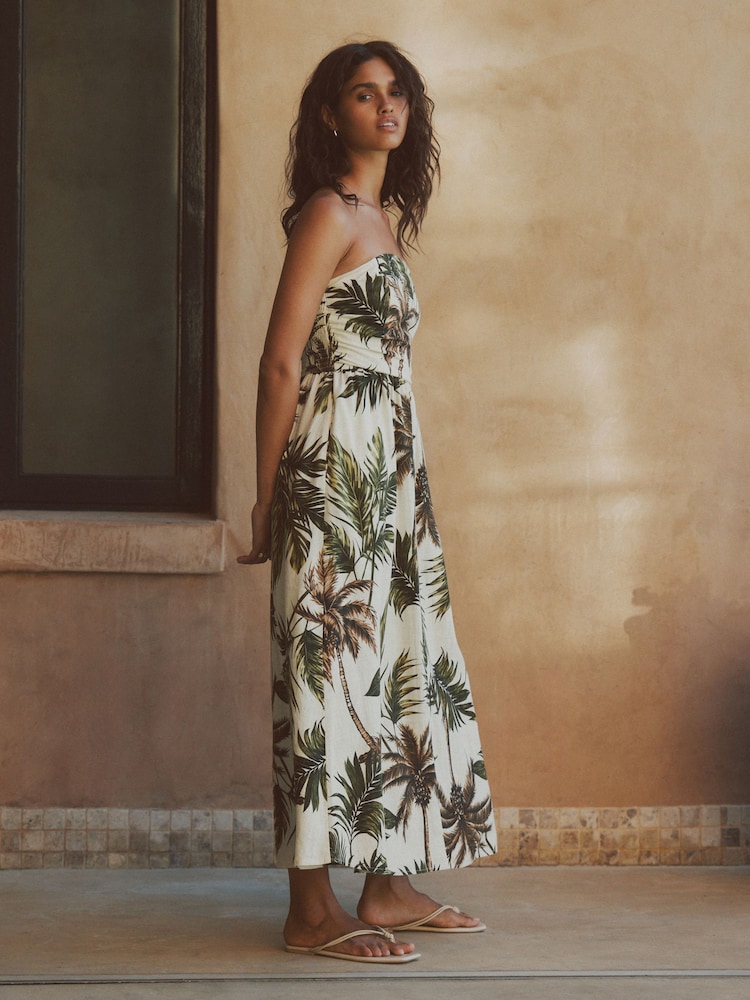 Khaki/Cream Palm Printed - Ruched Bandeau Midi Dress with Linen - תמונה 2 מתוך 8 Khaki/Cream Palm Printed - Ruched Bandeau Midi Dress with Linen - תמונה 2 מתוך 8
