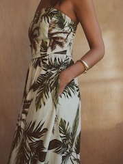 Khaki/Cream Palm Printed - Ruched Bandeau Midi Dress with Linen - 画像 5 / 8
