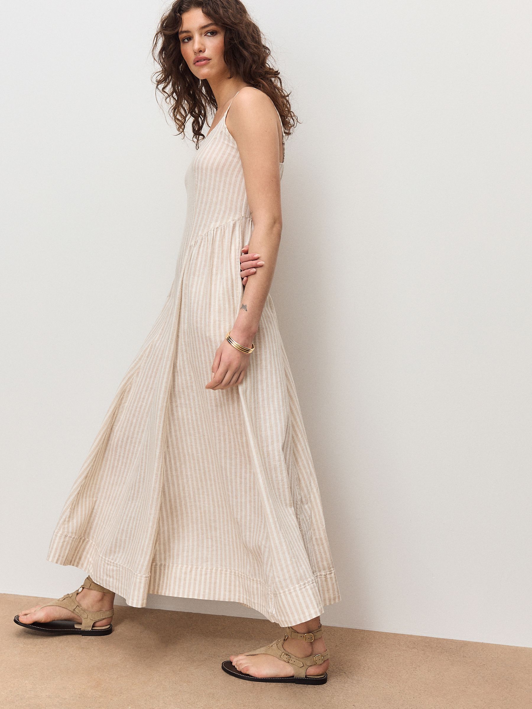 Womens Next Neutral Stripe Strappy Cami Midi Dress with Linen US 16 Womens Next Neutral Stripe Strappy Cami Midi Dress with Linen US 16