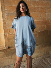 Mid Blue Floral National Trust x Next Denim T-Shirt Dress - Image 1 of 5