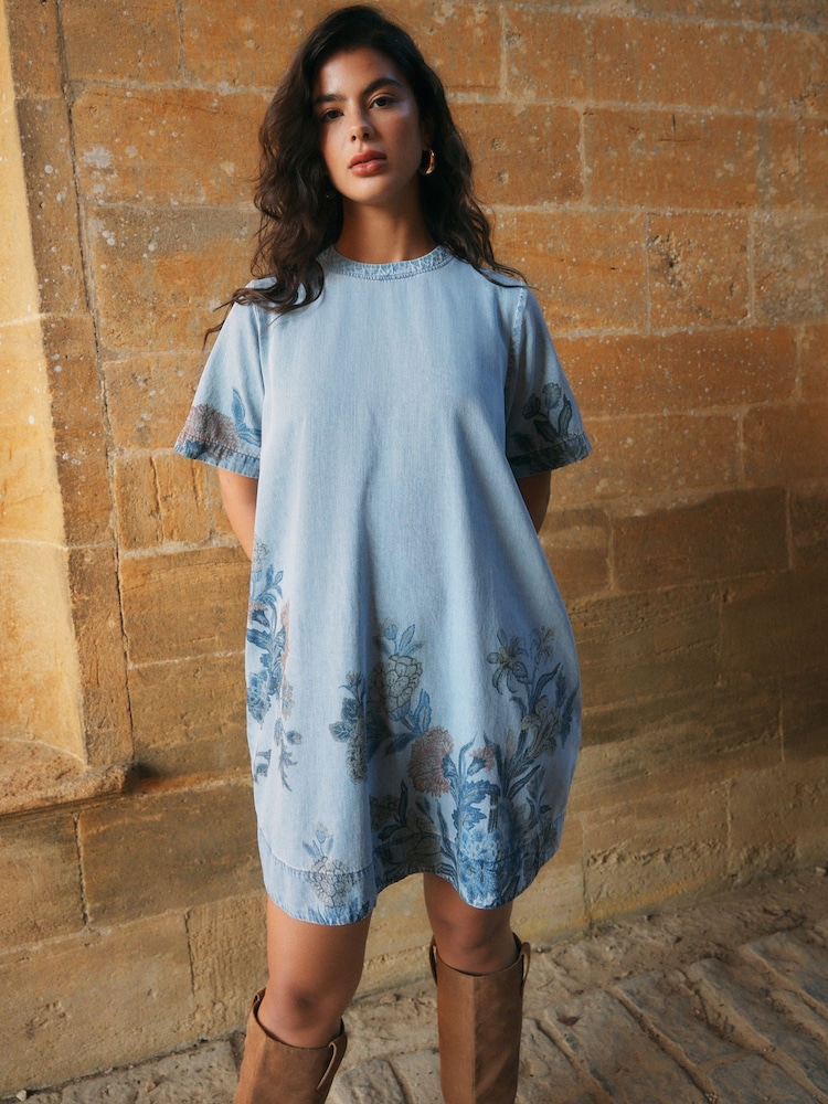 Mid Blue Floral National Trust x Next Denim T-Shirt Dress - Image 1 of 5