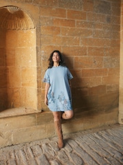Mid Blue Floral National Trust x Next Denim T-Shirt Dress - Image 2 of 5
