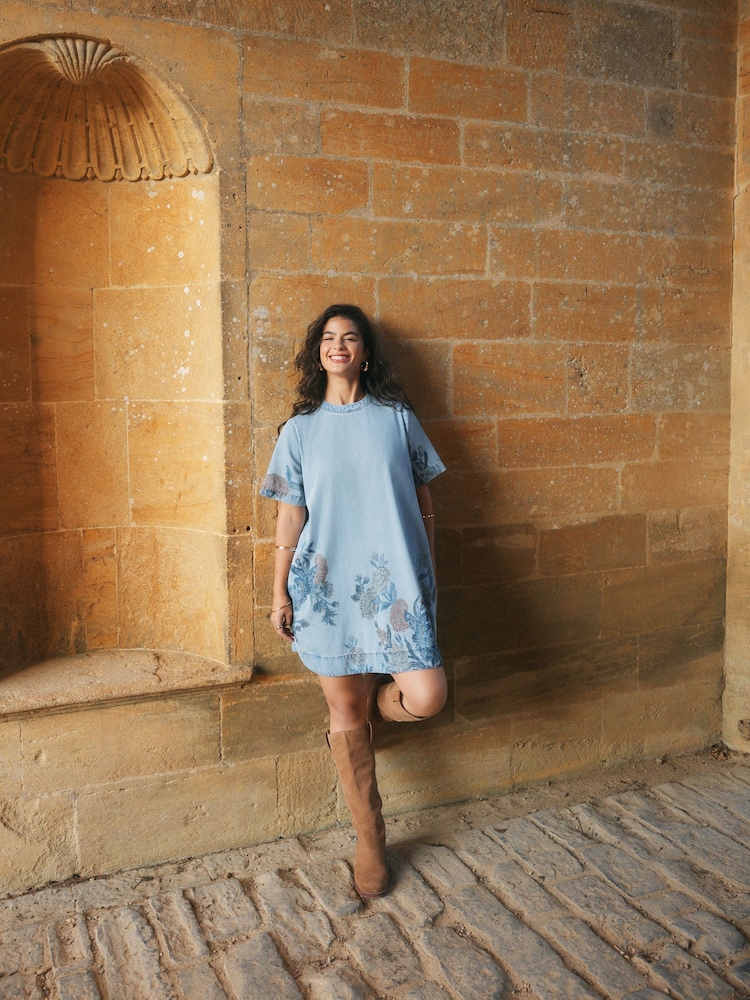 Mid Blue Floral National Trust x Next Denim T-Shirt Dress - Image 2 of 5