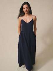 Navy Blå - Stroppete Cami Midi-kjole med lin - Bilde 1 av 3