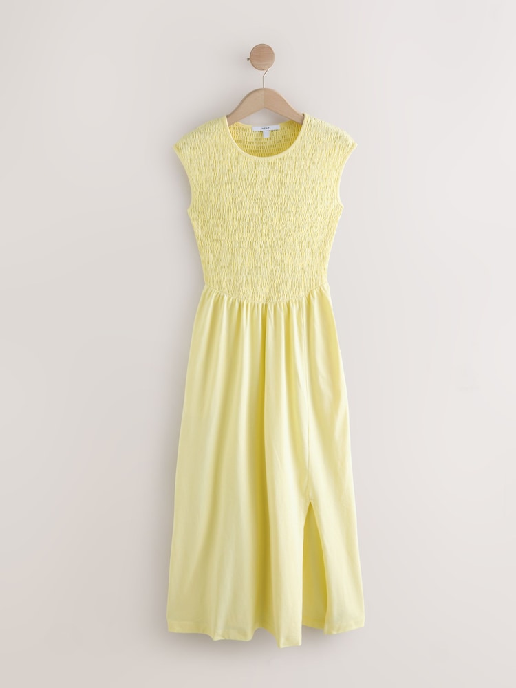 أصفر فاتح - Cap Sleeve Shirred Body Jersey Midi Dress - صورة 1 من 3 أصفر فاتح - Cap Sleeve Shirred Body Jersey Midi Dress - صورة 1 من 3