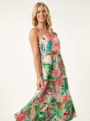 Roman Pink Petite Tropical Strappy Tiered Dress - Image 1 of 5
