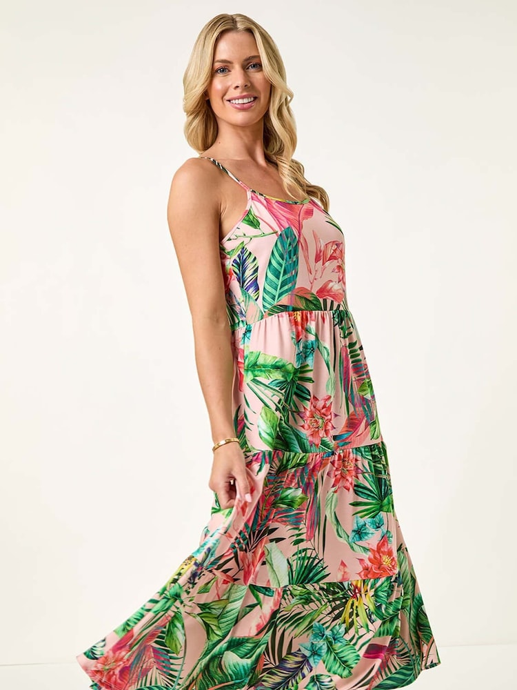 Roman Pink Petite Tropical Strappy Tiered Dress - Image 1 of 5
