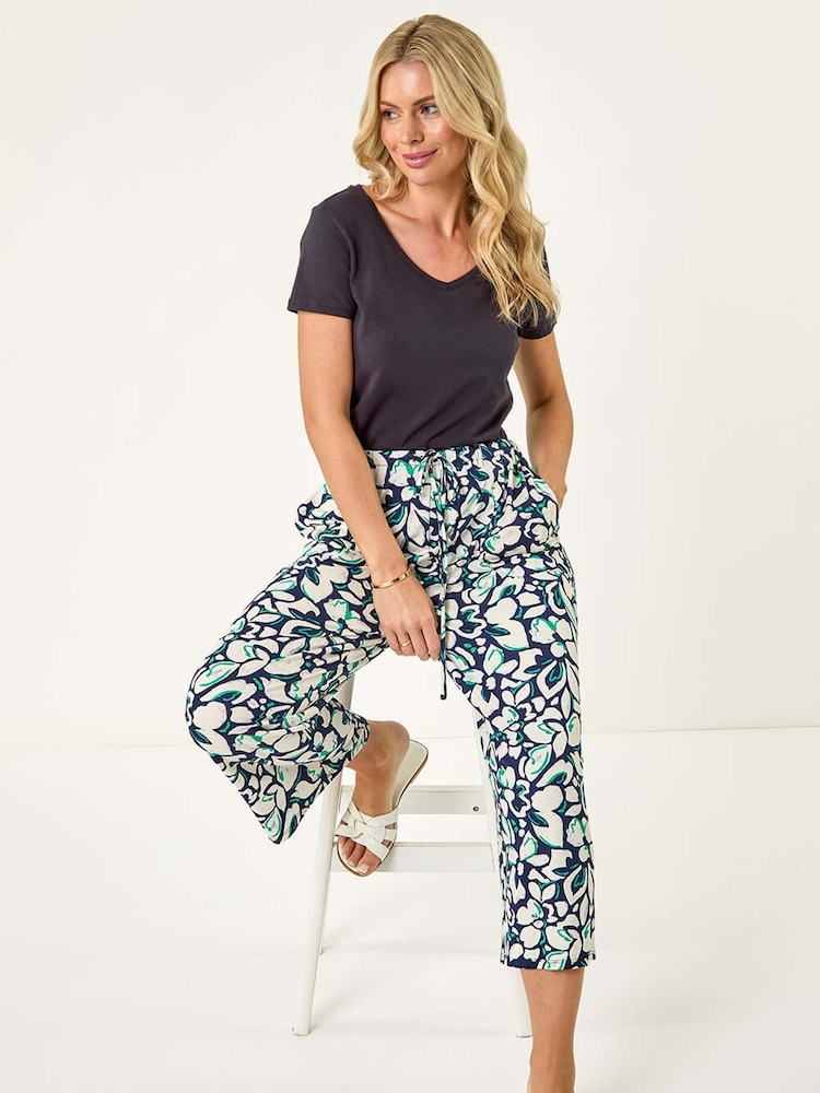 Roman Blue Petite Floral Print Stretch Trousers - Image 1 of 5 Roman Blue Petite Floral Print Stretch Trousers - Image 1 of 5