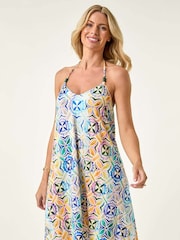 Roman Blue Petite Abstract Halter Neck Stretch Dress - Image 1 of 5