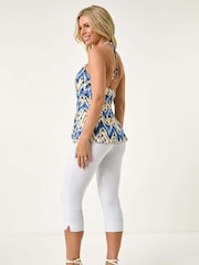 Roman Blue Petite Abstract Halter Neck Stretch Blouse - Image 3 of 5