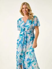 Roman Blue Petite Abstract Print Ruched Midi Dress - Image 1 of 5