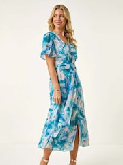 Roman Blue Petite Abstract Print Ruched Midi Dress - Image 2 of 5