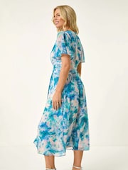 Roman Blue Petite Abstract Print Ruched Midi Dress - Image 3 of 5