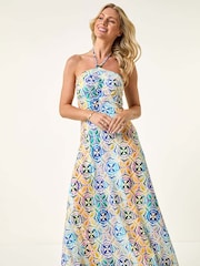 Roman Blue Petite Abstract Gathered Halter Midi Dress - Image 1 of 5