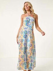 Roman Blue Petite Abstract Gathered Halter Midi Dress - Image 2 of 5