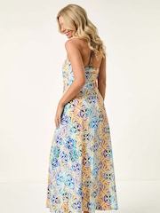 Roman Blue Petite Abstract Gathered Halter Midi Dress - Image 3 of 5