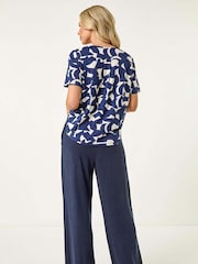 Roman Blue Petite Geometric V-Neck Stretch Blouse - Image 3 of 5