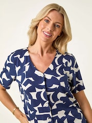 Roman Blue Petite Geometric V-Neck Stretch Blouse - Image 4 of 5