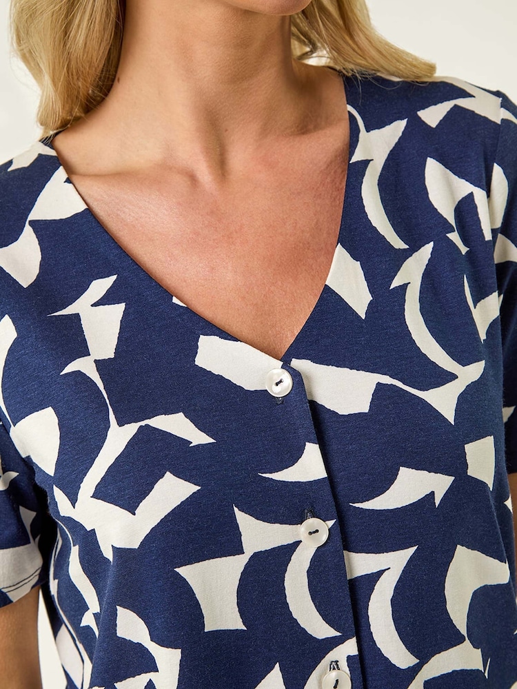 Roman Blue Petite Geometric V-Neck Stretch Blouse - Image 5 of 5
