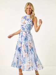 Roman Blue Petite Floral Print Pleated Halter Neck Midi Dress - Image 2 of 5