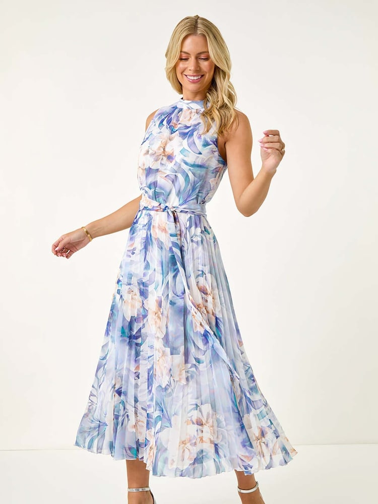 Roman Blue Petite Floral Print Pleated Halter Neck Midi Dress - Image 2 of 5 Roman Blue Petite Floral Print Pleated Halter Neck Midi Dress - Image 2 of 5