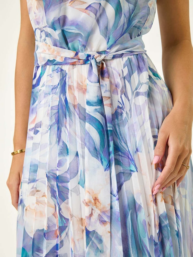 Roman Blue Petite Floral Print Pleated Halter Neck Midi Dress - Image 5 of 5 Roman Blue Petite Floral Print Pleated Halter Neck Midi Dress - Image 5 of 5