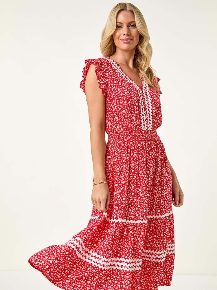 Roman Red Petite Petite Floral Print Ric Rac Midi Dress - Image 1 of 5